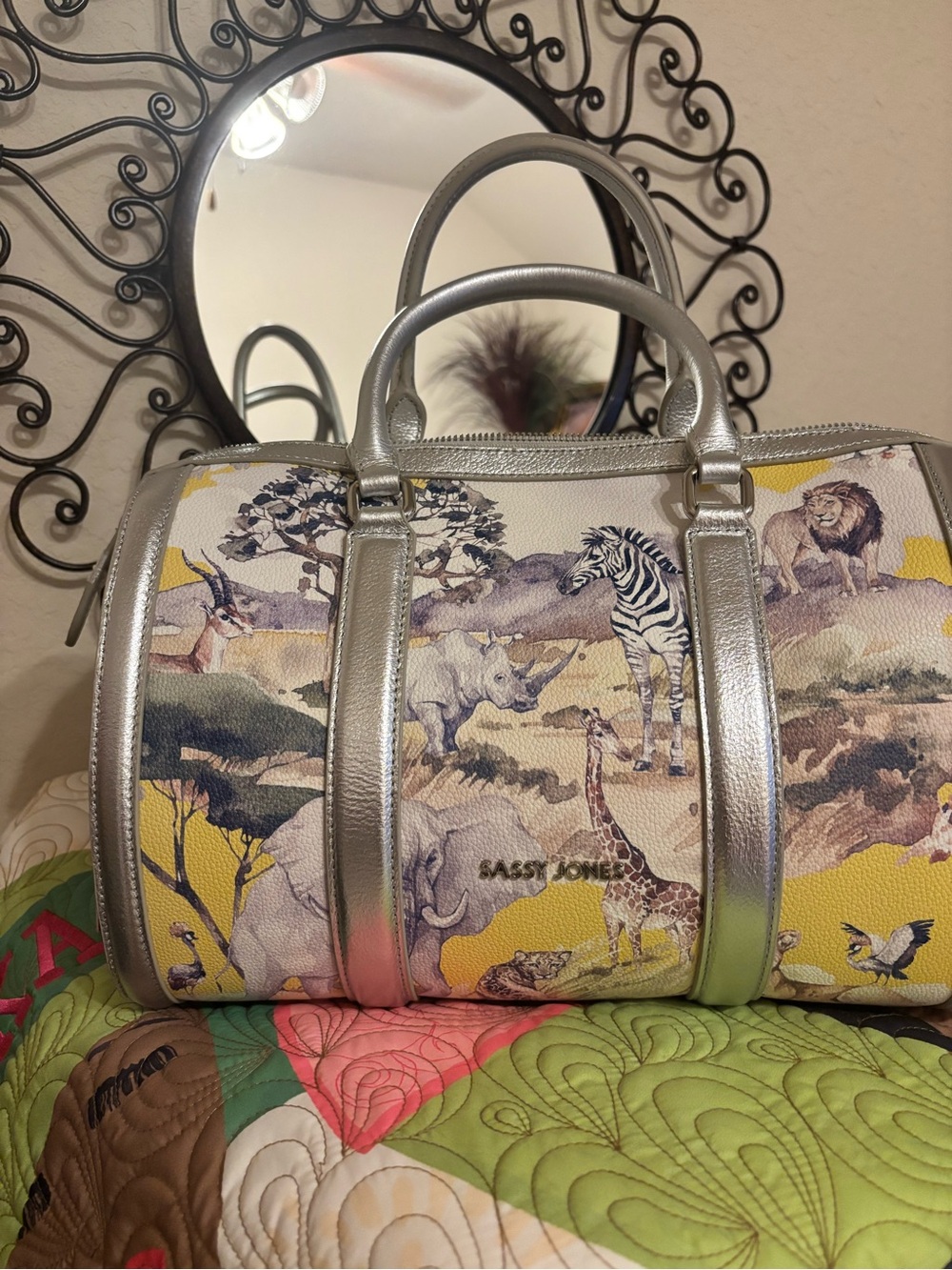 Sassy Jones Yellow Safari Animal Print Satchel with Silver Accents